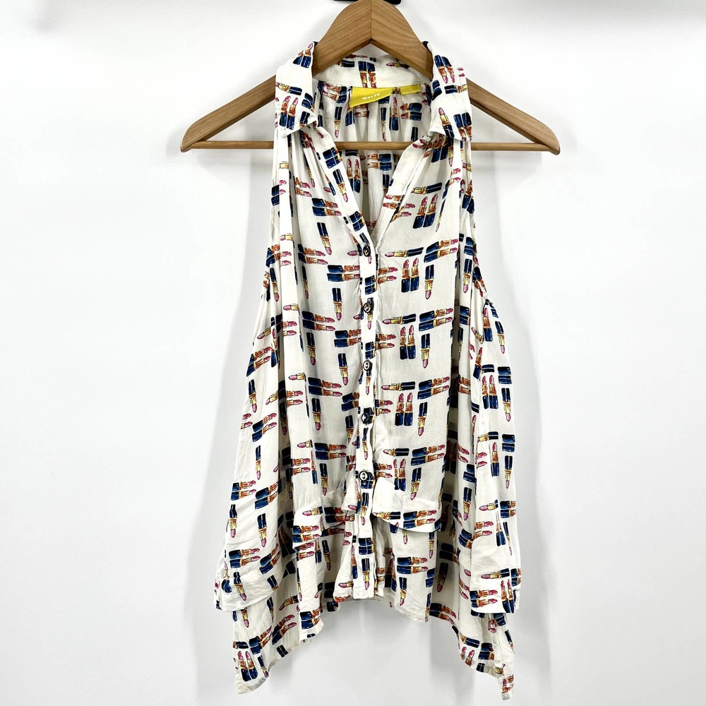 Anthropologie Maeve Lipstick Print Blouse Flowy Sleeveless Button Front